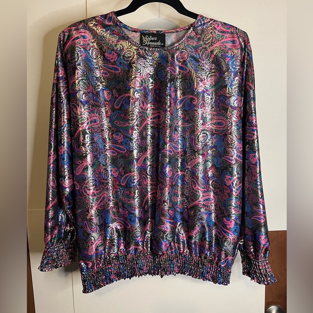 Silver Threads (VTG M) Fairycore Foil Print Floral Paisley Polyester Top 80s